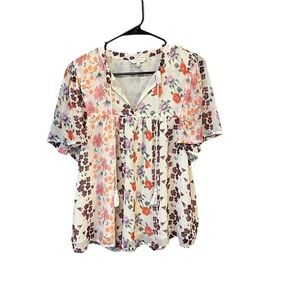 Lucky brand peasant blouse women L cream pink floral V-neck tassel lined